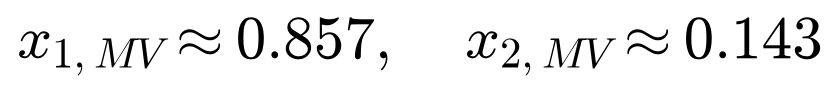 x1 minimum variance approximately 0.857, x2 minimum variance approximately 0.143