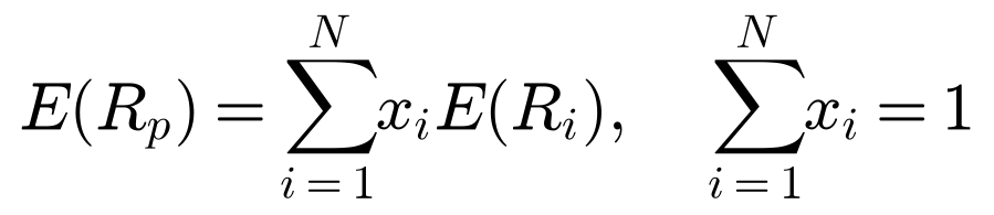 E of R_p equals sum over i of x_i E of R_i, sum of x_i equals 1