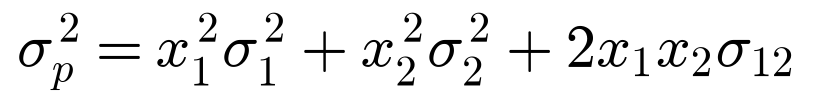 sigma squared p equals x1 squared sigma1 squared plus x2 squared sigma2 squared plus 2 x1 x2 sigma12